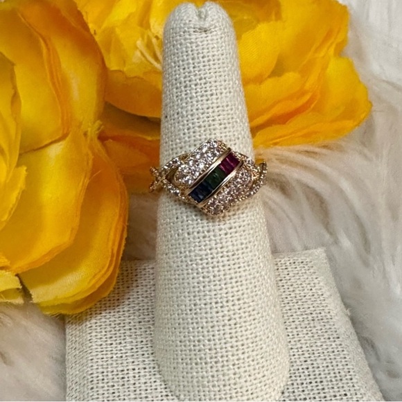 Rainbow Multi Gemstone Gold Ring With Simulate Diamond Accent NEW! - Picture 4 of 5